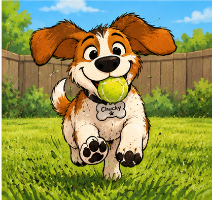 Chucky the puppy running through the grass with a tennis ball