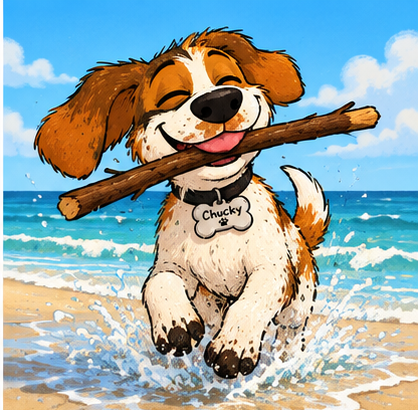Chucky running on the beach with a big stick