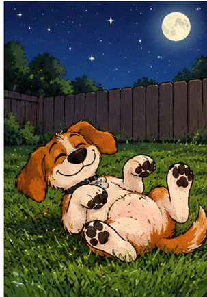 Chucky rolling in the grass under the moon