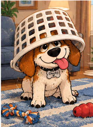 Chucky wearing a laundry basket as a helmet