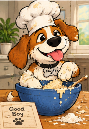 Chucky the puppy baking up something good