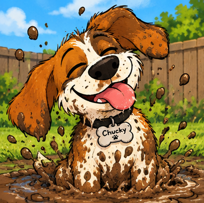 Chucky splashing in a mud puddle